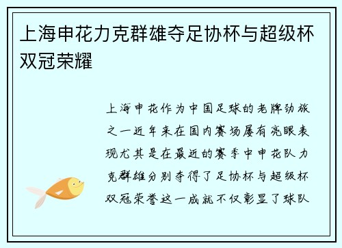上海申花力克群雄夺足协杯与超级杯双冠荣耀